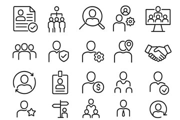 Icons representing various aspects of human resources and team management in a professional setting