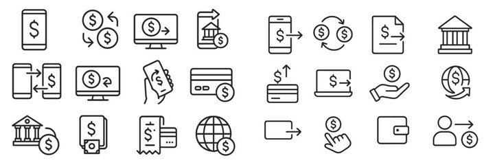 Various financial icons representing transactions, banking, and digital payments in a modern style