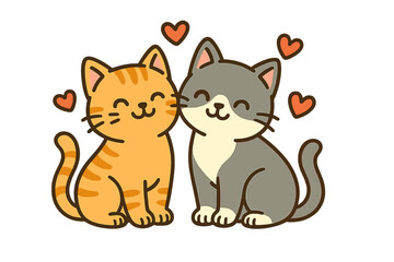 Cute cartoon cats share a moment of affection surrounded by hearts on a cheerful background