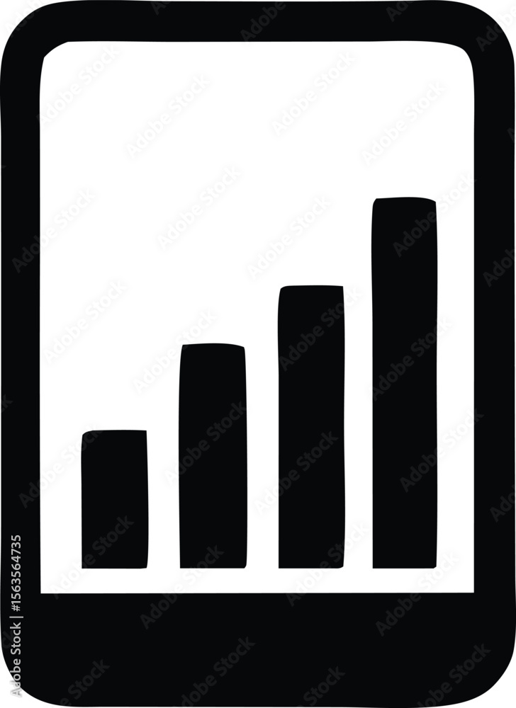 Poster simple black and white icon representing a bar graph with four ascending bars within a rounded recta