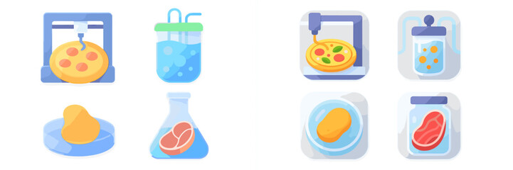 Food production icons showcasing various stages of culinary creation in a modern kitchen setting