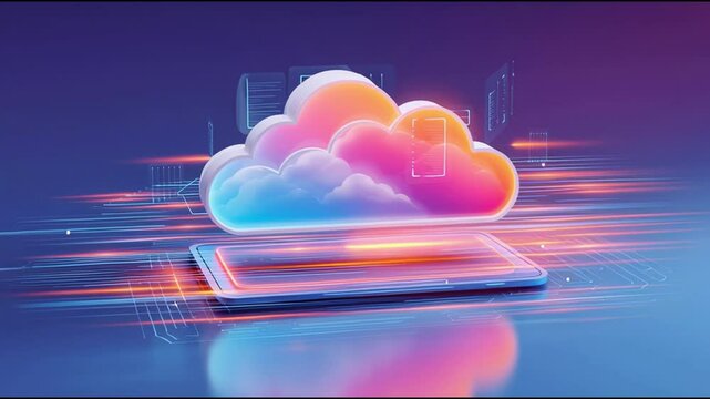 Vibrant 3D Digital Illustration of Glowing Cloud Above Tablet Symbolizing Cloud Computing, Data Storage, and Transfer with Futuristic Neon Colors and Dynamic Light Trails