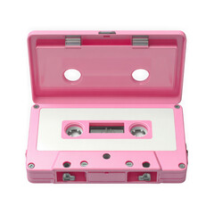 Fototapeta premium Bright pink retro cassette tape with open lid and white label isolated on transparent background