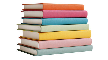 A stack of seven colorful hardcover books isolated on transparent background
