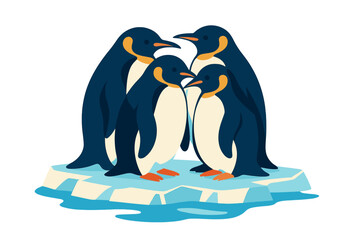 Group of playful penguins gathered on an ice floe in a chilly environment during the Antarctic summer