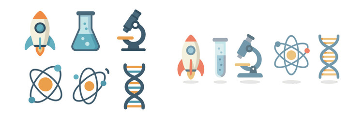 Colorful science and space icons featuring rockets, laboratory equipment, and atoms in a flat design style