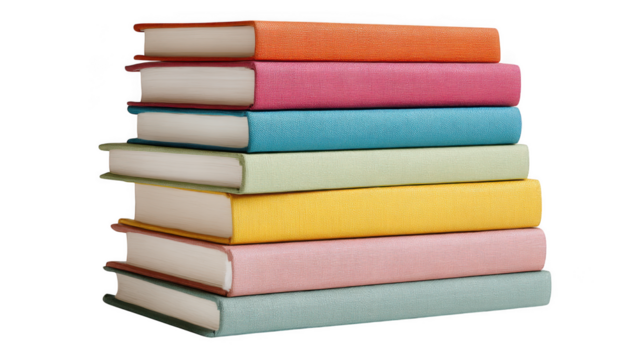 A stack of seven colorful hardcover books isolated on transparent background