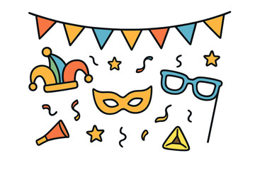 Colorful carnival decorations including a jester hat, mask, and party accessories for a festive celebration