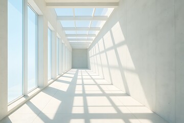 Obraz premium Minimalistic and bright interior of a sunlit corridor with large windows casting geometric shadows on the smooth floor, conveying a sense of space and light