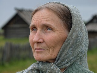 Portrait of a senior woman in head scarf.