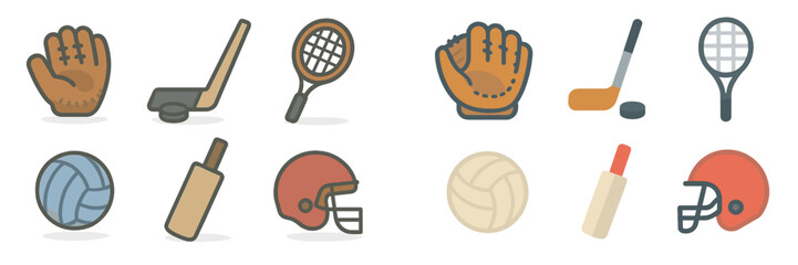 Various sports equipment including gloves, bats, and balls on white background