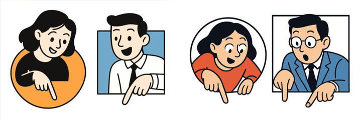 Engaging group of four people pointing downwards while communicating in different settings with diverse expressions and outfits