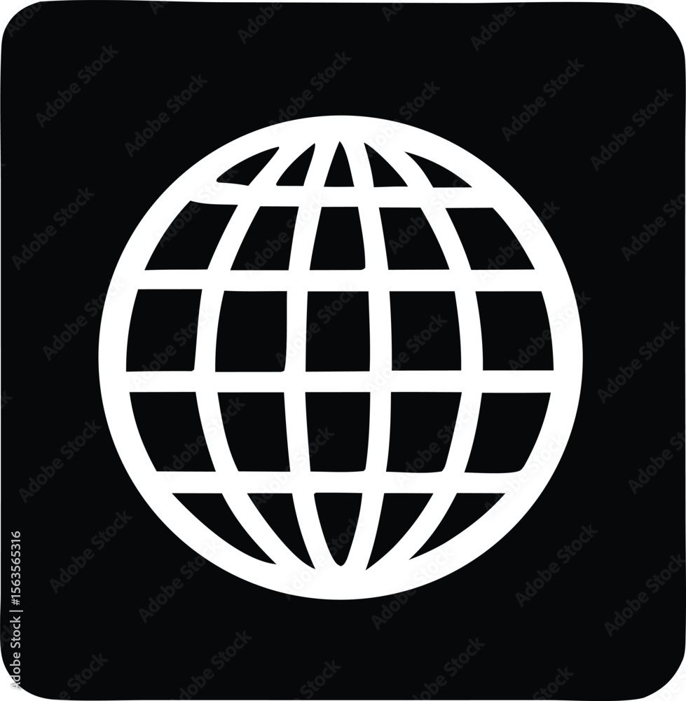 Poster a simple white globe icon with a grid pattern against a solid black background with rounded corners
