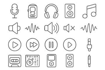 Music and audio equipment icons arranged in a grid, showcasing sound-related elements and controls in a minimalist style