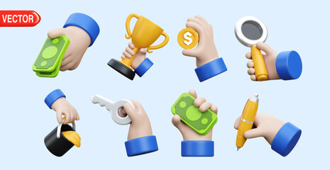 3D vector illustration features hands holding various items such as money, trophies, keys, and pens. Ideal for concepts related to achievement, success, finance, and business activities
