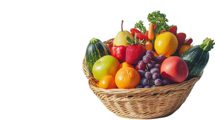 Freshly harvested fruits and vegetables beautifully arranged in a wicker basket creating a vibrant display of nature's bounty on transparent background