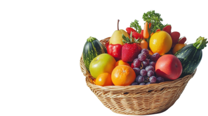 Freshly harvested fruits and vegetables beautifully arranged in a wicker basket creating a vibrant display of nature's bounty on transparent background