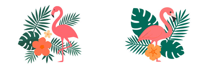 Flamingos in a tropical setting surrounded by vibrant flowers and lush greenery