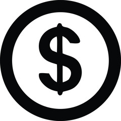A bold black dollar sign is centrally displayed within a thick black circle on a clean white background