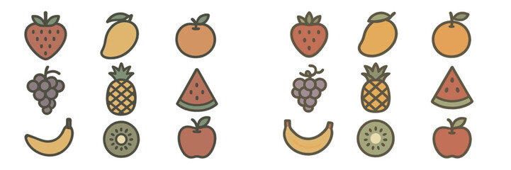 Colorful fruit illustrations arranged in a grid showcasing various types of fruits during a creative design session