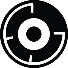 Stylized black and white circular graphic with concentric rings and intersecting lines suggesting a target or abstract design
