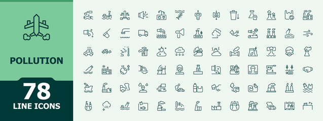 Pollution related icon set. Modern linear icons. Environment icon. Contains outline symbols like eco, environment, ecology, greenhouse, dust and more.
