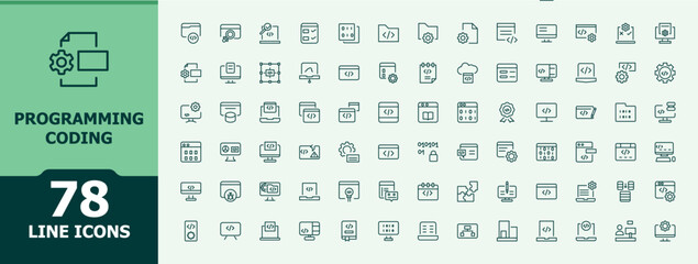 Programming Coding modern icon set. Contains such icons as development, web, coding, develop, program and more. Program modern icon set. Minimalist icons collection. Editable vector illustration.