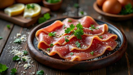 Steaming plate of thinly sliced cured ham garnished with fresh parsley and sprinkled with grated cheese on rustic wooden table