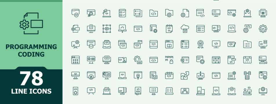 Programming Coding modern icon set. Contains such icons as development, web, coding, develop, program and more. Program modern icon set. Minimalist icons collection. Editable vector illustration.