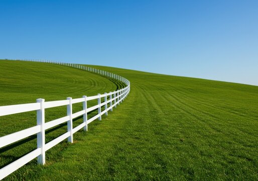 A white fence curves across a green hill under a clear blue sky