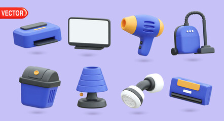 3D vector illustration features a set of home appliances, including a vacuum cleaner, lamp, trash can, printer, and hair dryer. Perfect for concepts related to modern household items and home decor
