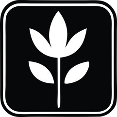 Simple black and white icon featuring a stylized white plant with three petals and two leaves on a thick stem within a rounded square frame