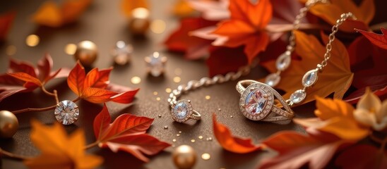 Autumn leaves opulence concept. Elegant jewelry surrounded by autumn leaves and decorative elements.