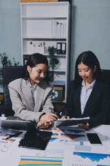 Accounting company provide finance and taxation planning for profitable cash flow, Auditor and accountant team working in office, analyze financial data and accounting record with calculator.Insight