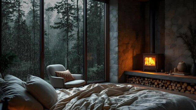 Cozy Room Interior with Crackling Fireplace and Forest Rain View Creates a Perfect Relaxing Virtual Background Loop