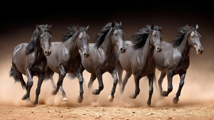 Six black horses running together on a sandy surface with a dark background