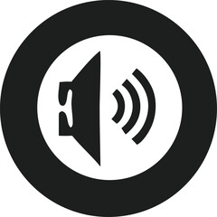 A black and white circular icon featuring a speaker symbol with sound waves emanating outwards representing audio output