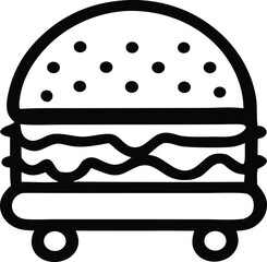 Simple black and white line art icon representing a hamburger with sesame seeds on the bun and wheels