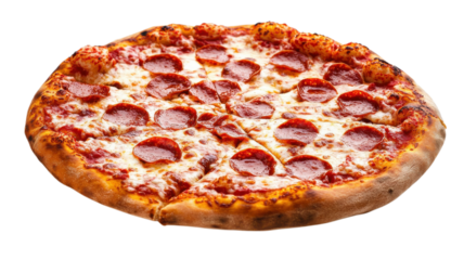 Savoring a delicious pepperoni pizza fresh from the oven with a crispy crust and bubbling cheese at a cozy pizzeria on transparent background