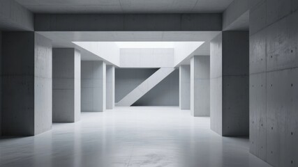 Obraz premium Minimalist Concrete Interior with Staircase and Pillars