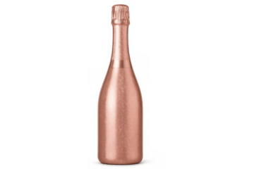Rose gold champagne bottle gleaming, metallic foil cap catching light, transparent backdrop highlighting luxurious celebratory beverage