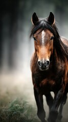 Brown horse walking through foggy forest at dawn, showcasing serene nature and wildlife beauty