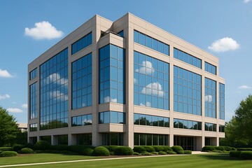 Obraz premium Modern office building with glass facade reflecting the sky, contemporary architecture, business building, urban design, commercial property, corporate office, glass windows