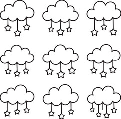 Whimsical Cloud and Star Doodle Vector Set with Celestial Rain and Hanging Garlands in Line Art Style
