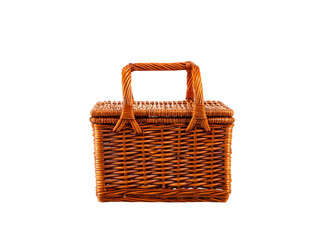 Rustic brown wicker picnic basket isolated on black background, Isolated On Transparent Background, Png Cut Out