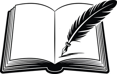 Open book with a quill pen resting on the pages. Black and white illustration for writing, education, or literature.