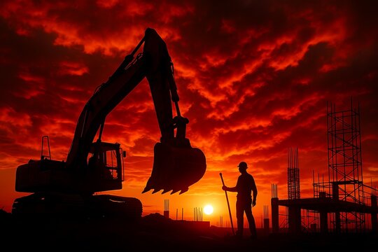 construction worker silhouette with excavator and sunset at construction site, heavy machinery and labor in fiery sky, warehouse industry background