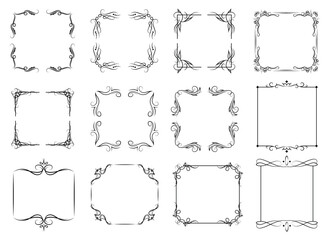 Vintage ornament frame. Decorative border frames, retro style divider. Elegant vintage frame and wedding ornaments Isolated icons vector set. Calligraphic filigree black ink borders collection