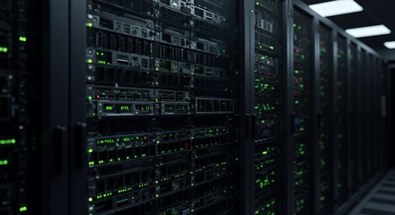 Glowing server racks illuminate a dark data center hallway, showcasing advanced technology and digital infrastructure.