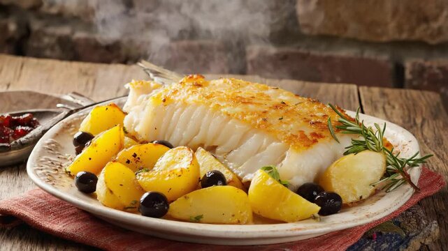 Portuguese bacalhau, salted cod fish served with potatoes and olives, rustic table with soft golden light illuminating the dish
